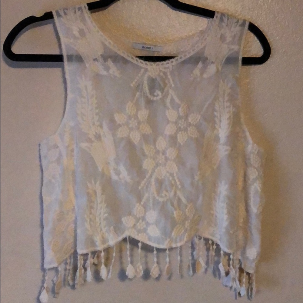 Acemi Cream See-Through Crop Top With Fringe